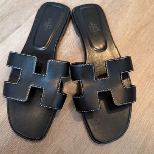 Hermes Black Leather Slide Sandals